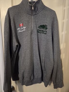 OVO Roots Men's Gray Quarter-Zip Sweater with Green Logo and Red Flag